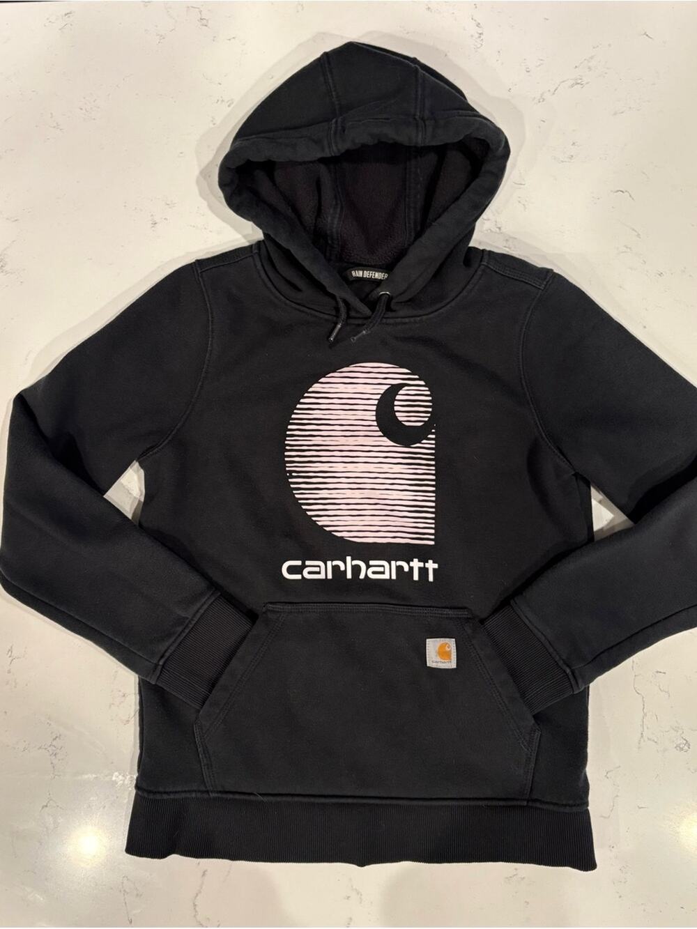Women’s Rain Defender Carhartt Black Hoodie with Pink Logo-size XS